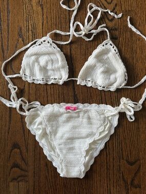 Anna Kosturova White Crochet Tie-Side Bikini Set